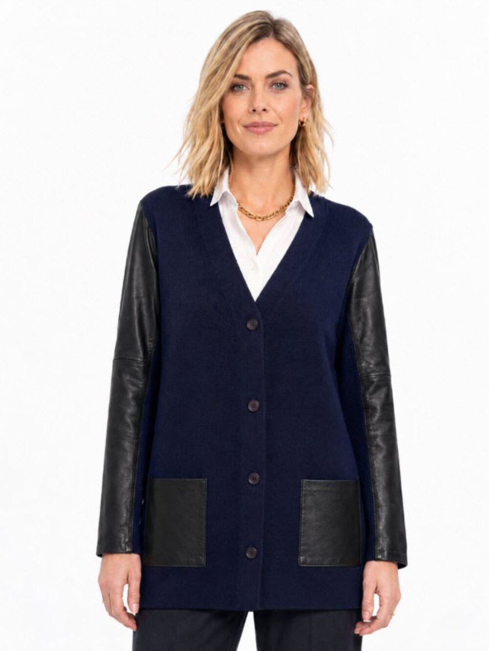 Judith & Charles Navy Wool Leather Sleeve V-Neck Cardigan Large Quiet Luxury